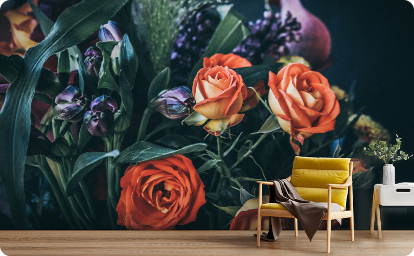 Floral Black Fake Flower Wallpaper Mural