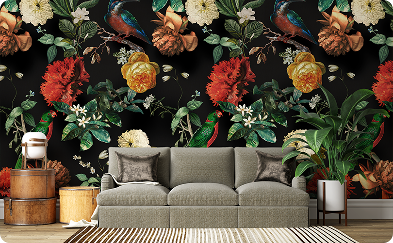 Floral Black Floral Bird Wallpaper Mural