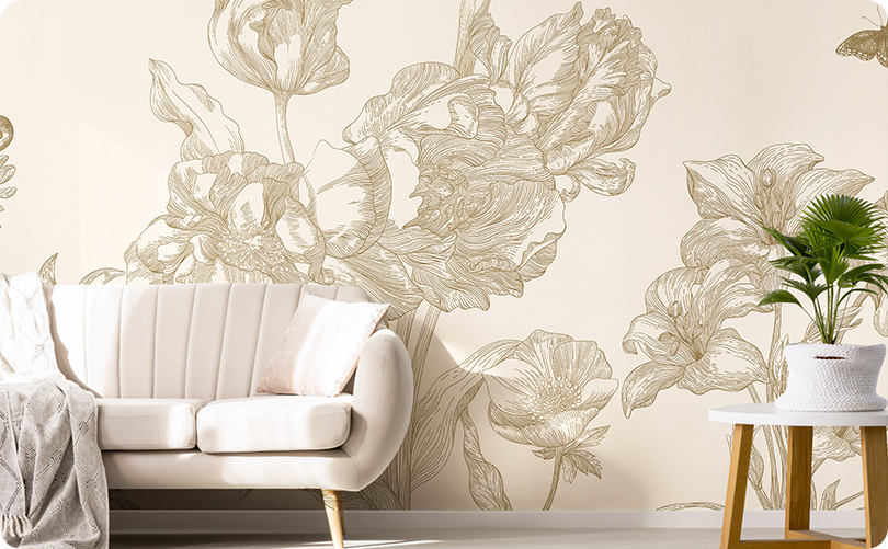 Floral Beige Ink Dye Wallpaper Mural