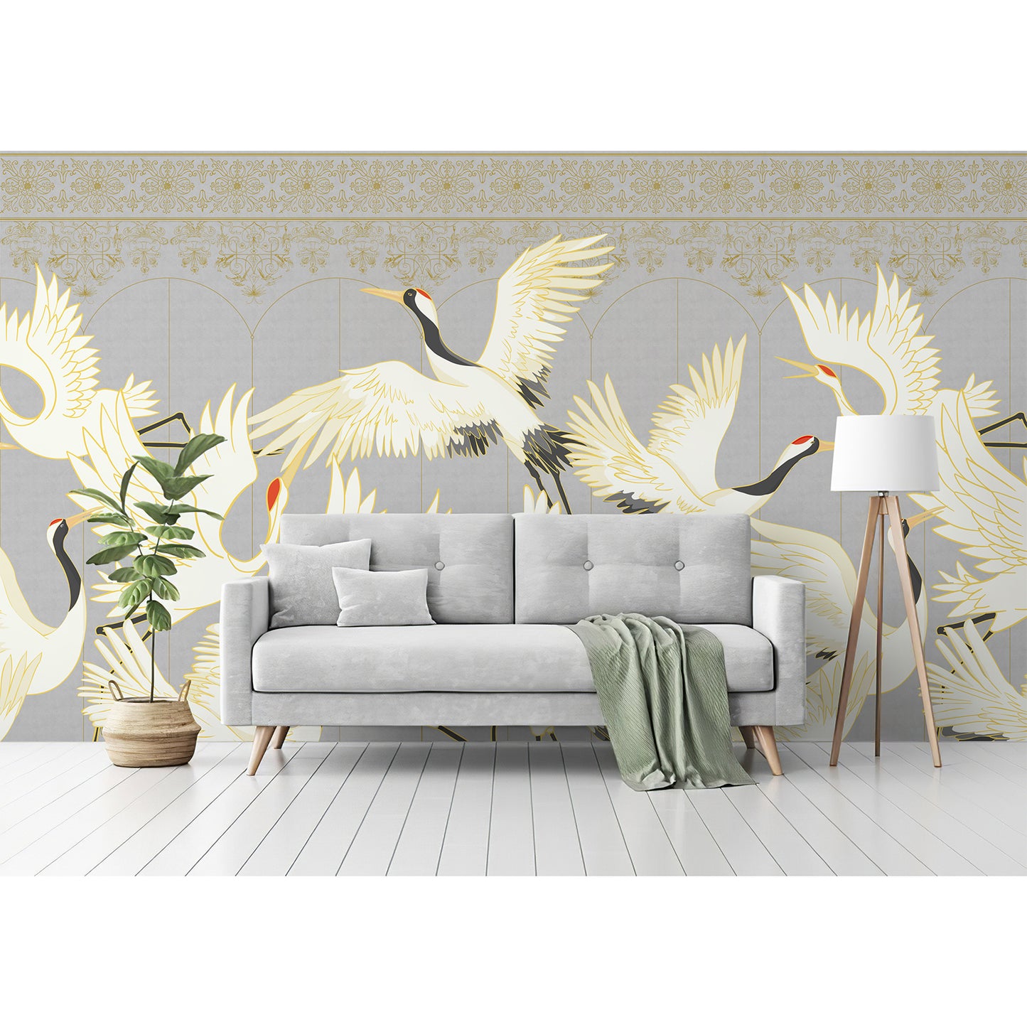 Chinoiserie Crane Mural Gray Wallpaper Mural