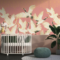 Chinoiserie Crane Mural Pink Wallpaper Mural