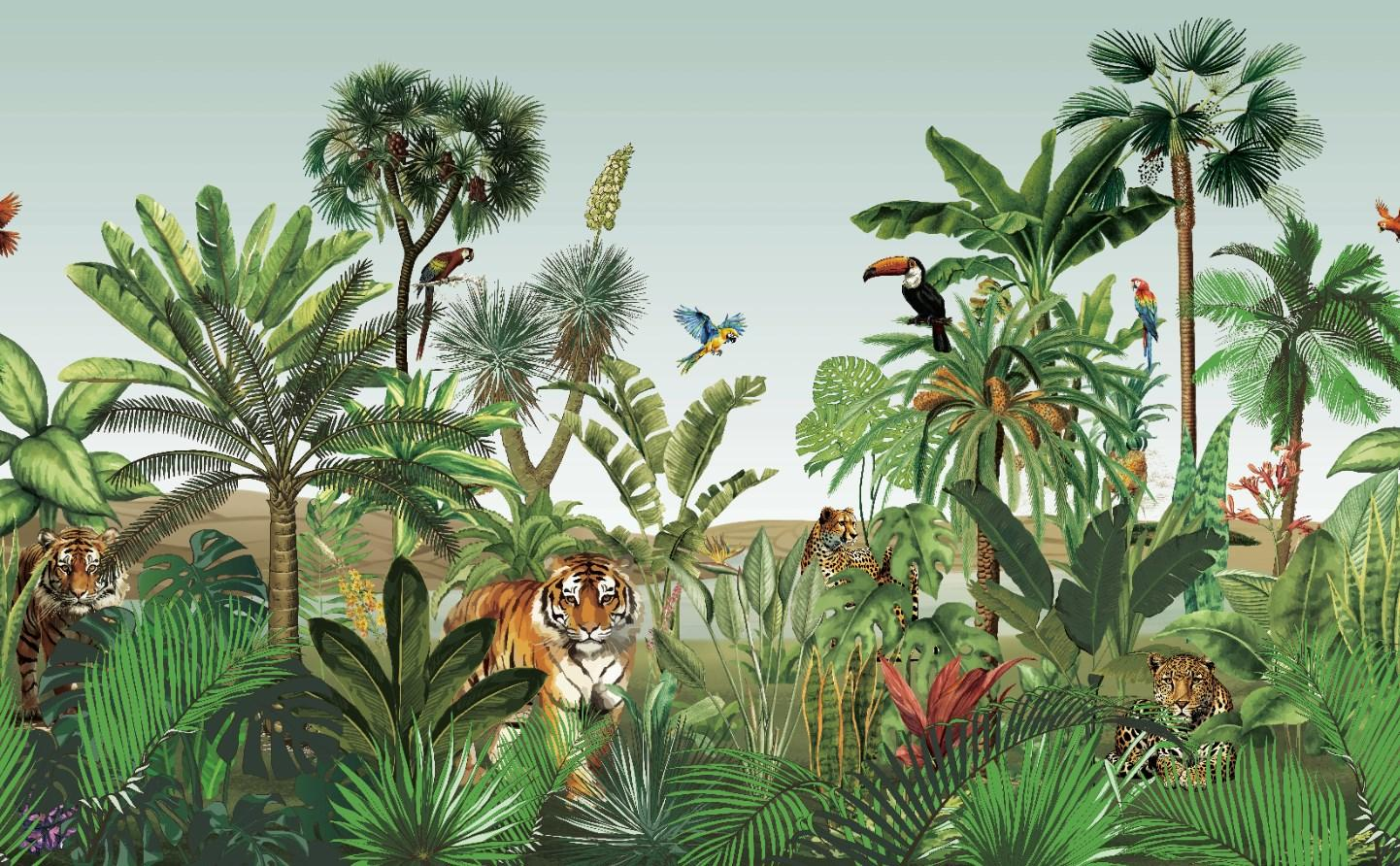 Animal Tiger in the Jungle Green Wallpaper Mural