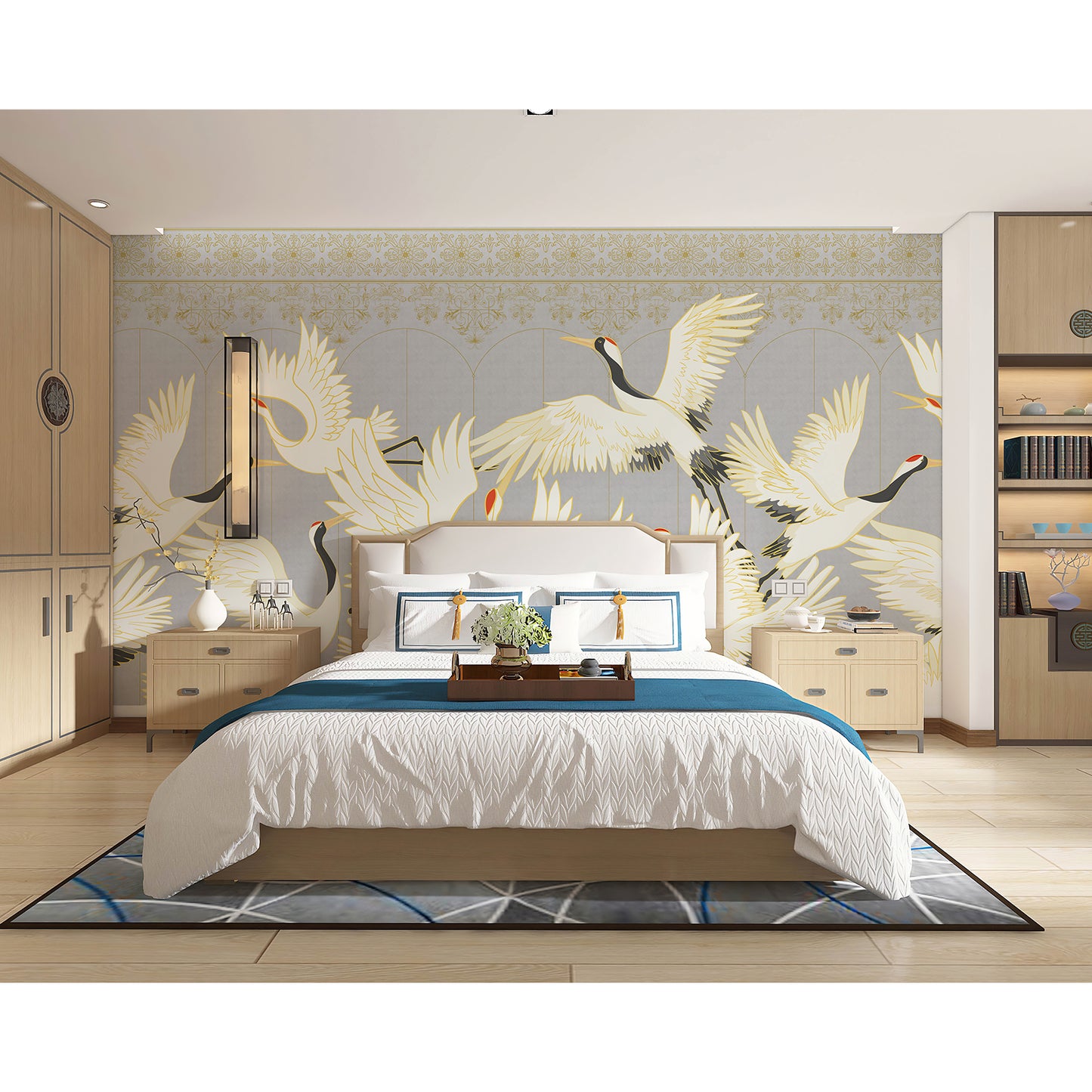 Chinoiserie Crane Mural Gray Wallpaper Mural