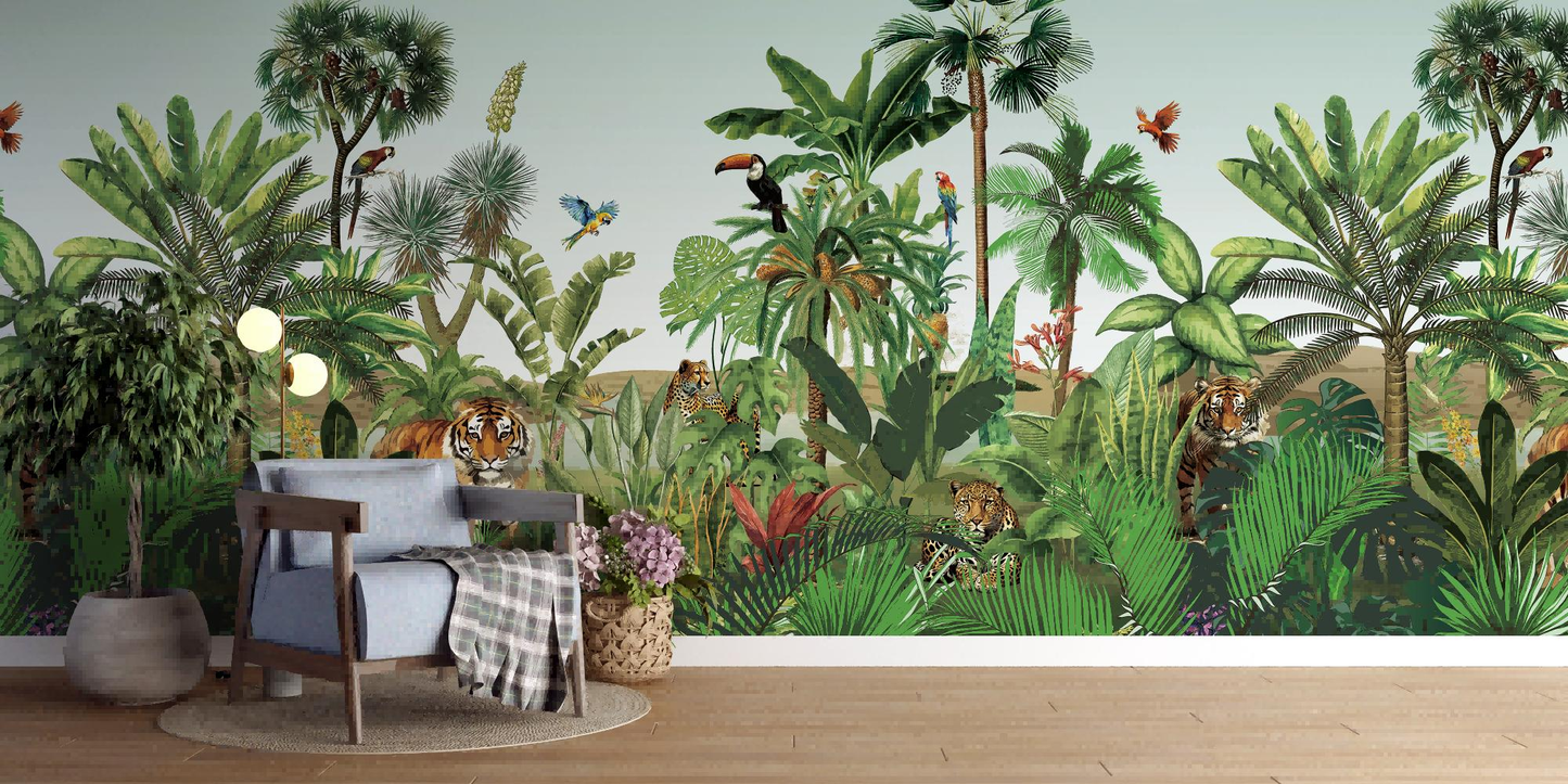 Animal Tiger in the Jungle Green Wallpaper Mural