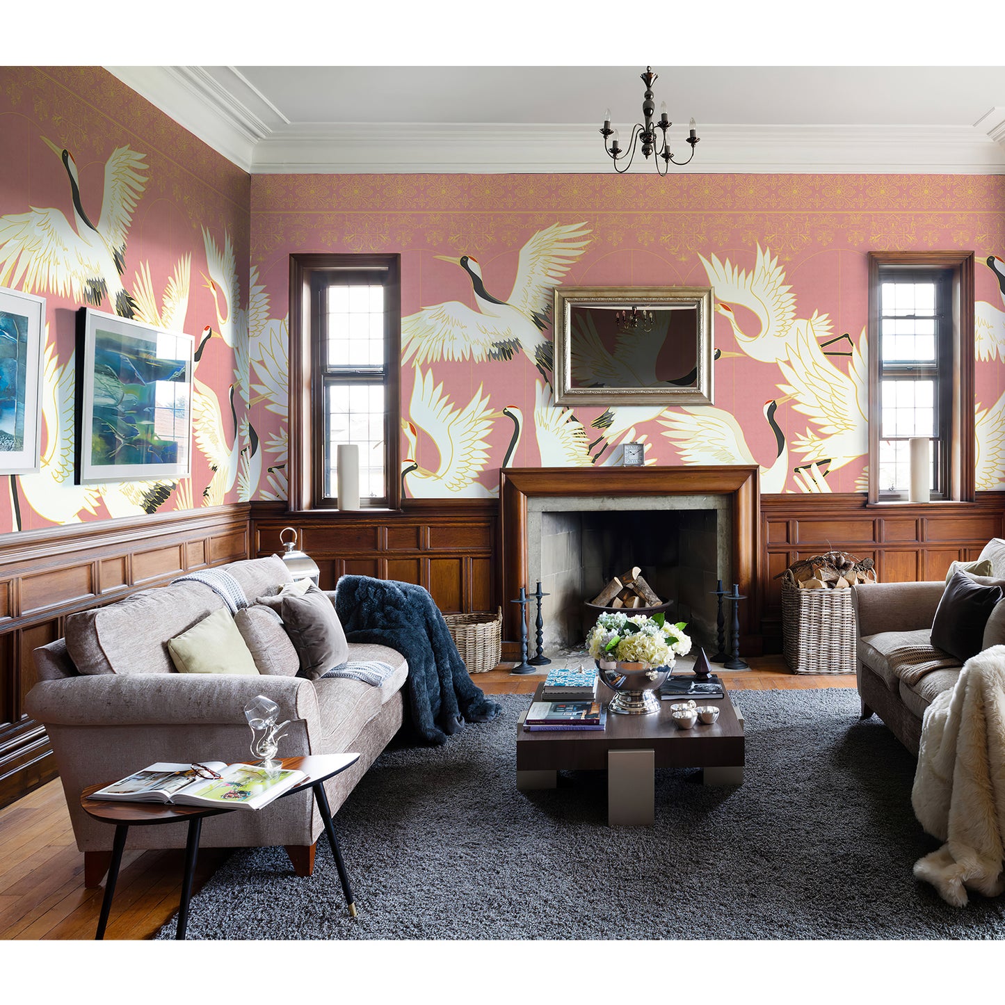 Chinoiserie Crane Mural Pink Wallpaper Mural