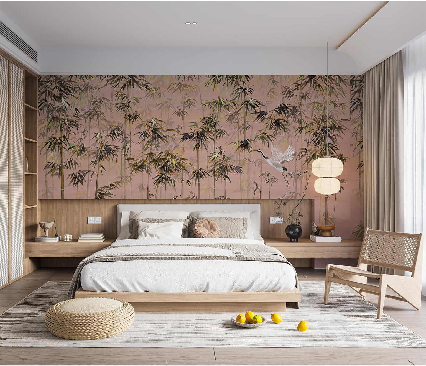 Chinoiserie Flying Cranes in Bamboo Forest Pink Mural