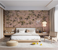 Chinoiserie Flying Cranes in Bamboo Forest Pink Mural