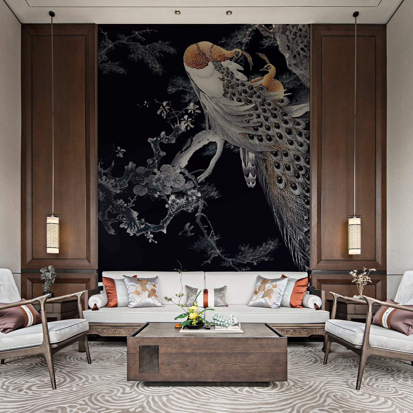 Chinoiserie Peacock Spirit Black Wallpaper Mural