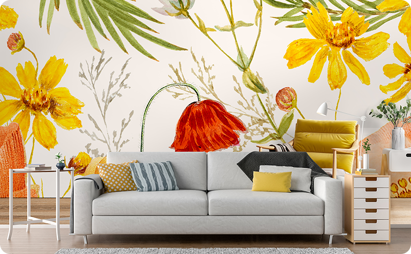 Floral Hand Drawn Yellow Flowers Wallpaper Mural