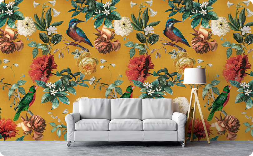 Floral Yellow Floral Bird Wallpaper Mural