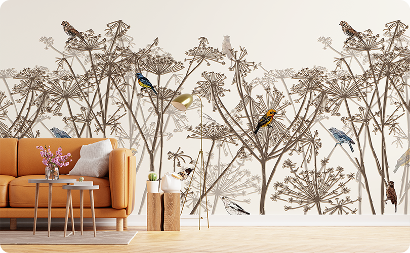 Forest Beige Bird Wallpaper Mural