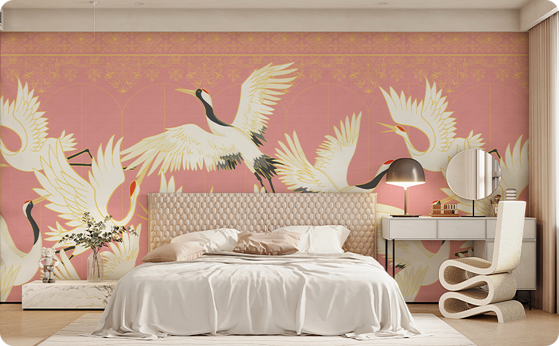 Chinoiserie Crane Mural Pink Wallpaper Mural