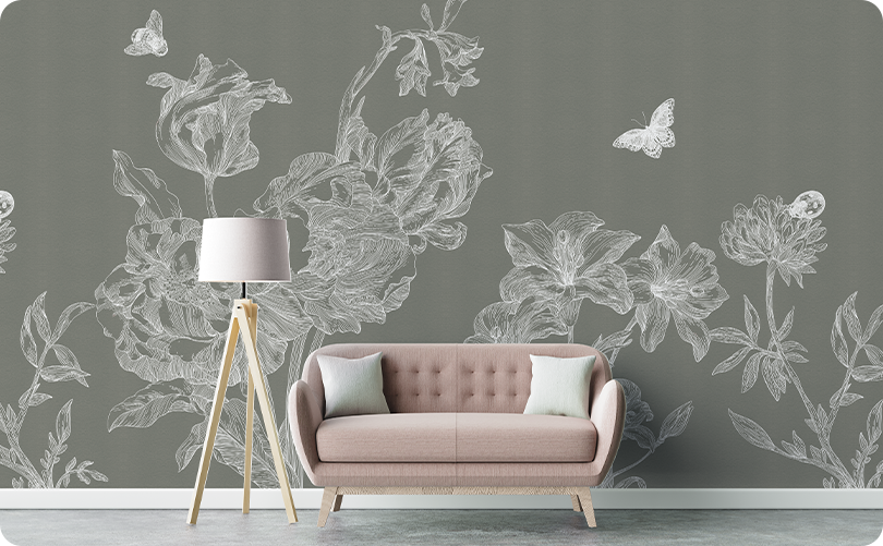 Floral Retro Green Floral Butterfly Wallpaper Mural