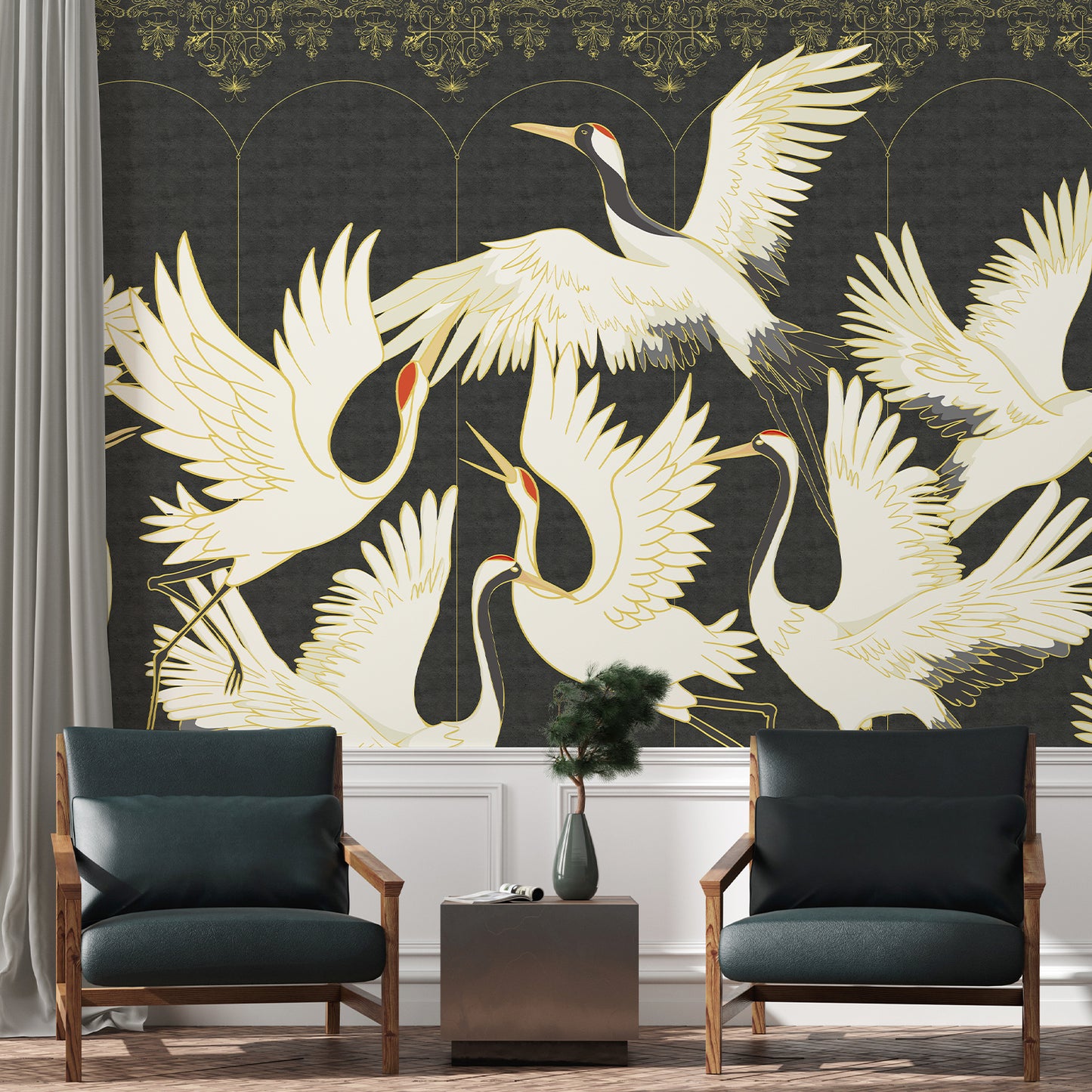 Chinoiserie Crane Mural-White Wallpaper Mural