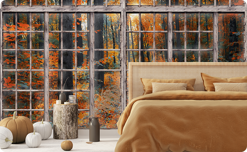 Window View Autumn Forest Red Wallpaper Mural