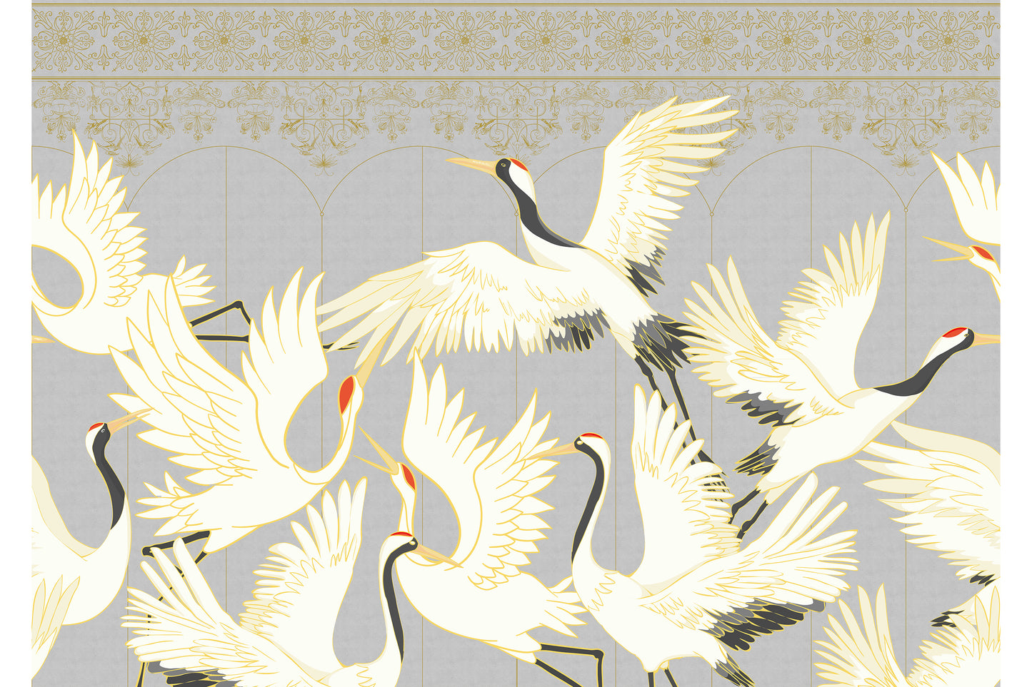 Chinoiserie Crane Mural Gray Wallpaper Mural