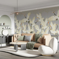 Chinoiserie Crane Mural Gray Wallpaper Mural