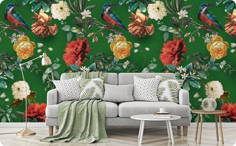 Floral Green Floral Bird Wallpaper Mural