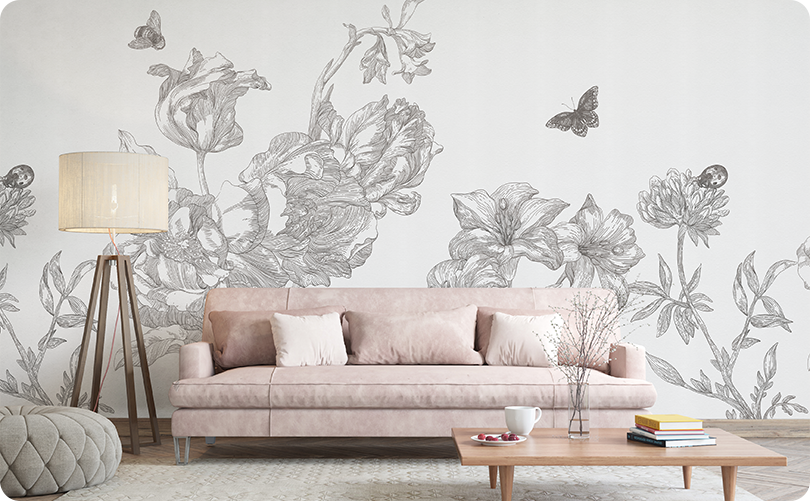 Floral White Floral Butterfly Wallpaper Mural