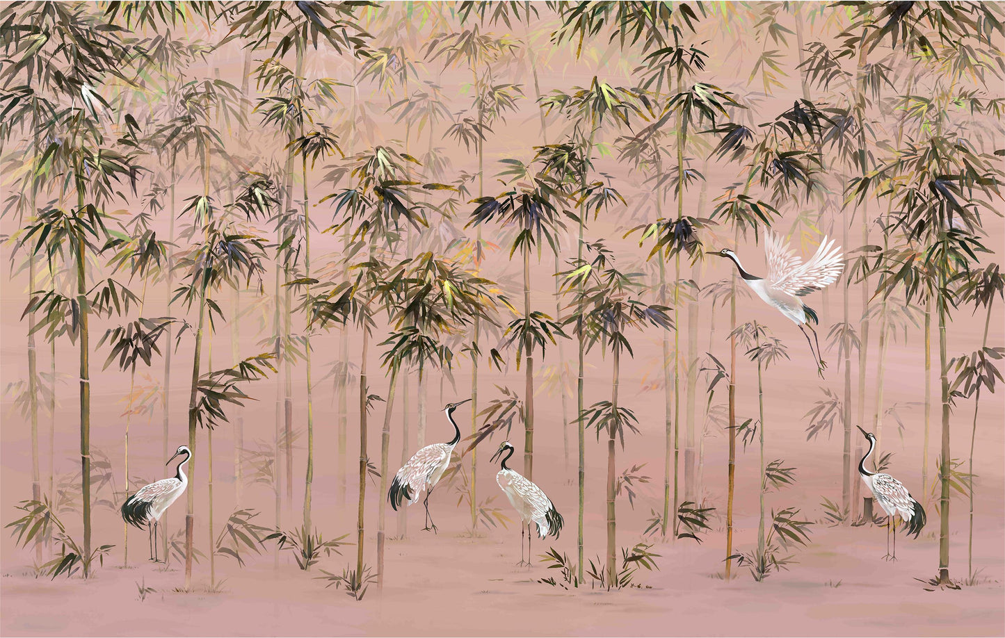 Chinoiserie Flying Cranes in Bamboo Forest Pink Mural