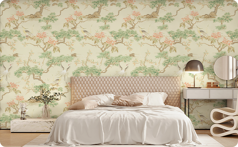 Chinoiserie Pine Crane Wallpaper Mural