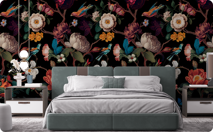 Floral Black Wallpaper Mural