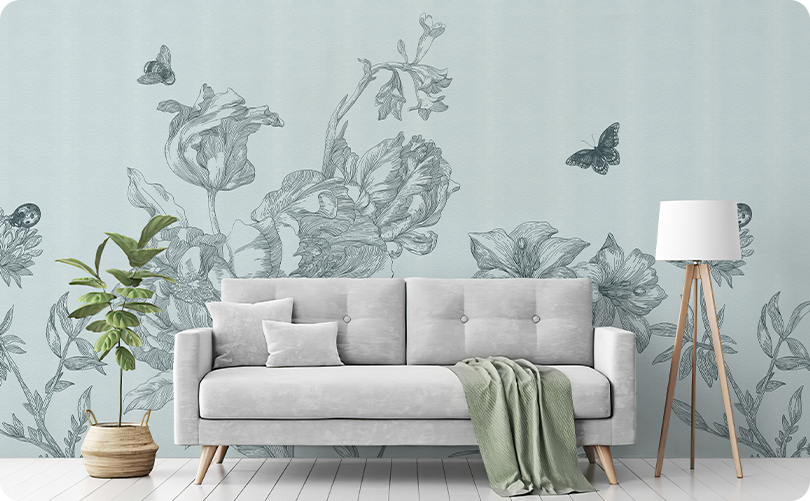 Floral Blue Floral Butterfly Wallpaper Mural