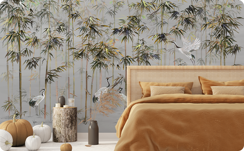 Chinoiserie Flying Cranes in Bamboo Forest Gray Mural