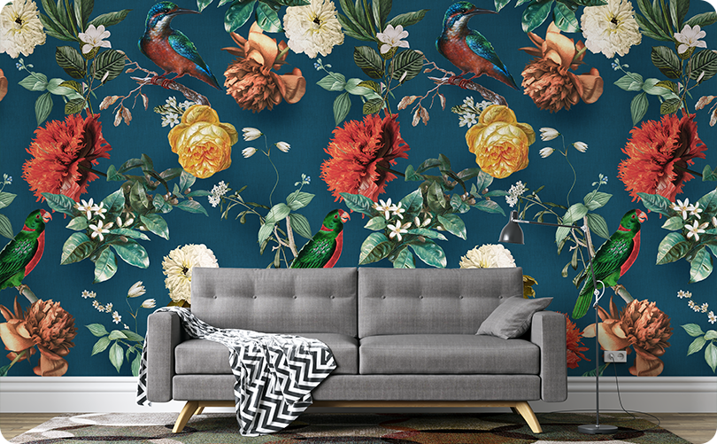 Floral Blue Floral Bird Wallpaper Mural