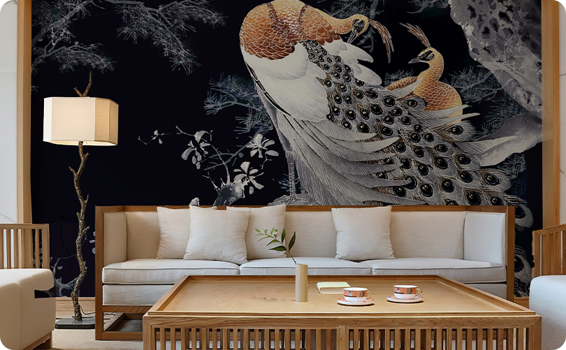 Chinoiserie Peacock Spirit Black Wallpaper Mural