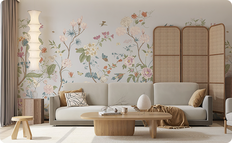 Floral Beige Floral Wallpaper Mural