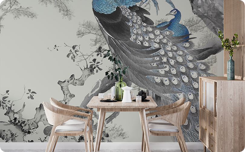 Chinoiserie Peacock Spirit Gray Wallpaper Mural