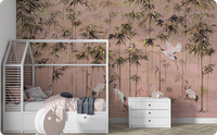 Chinoiserie Flying Cranes in Bamboo Forest Pink Mural